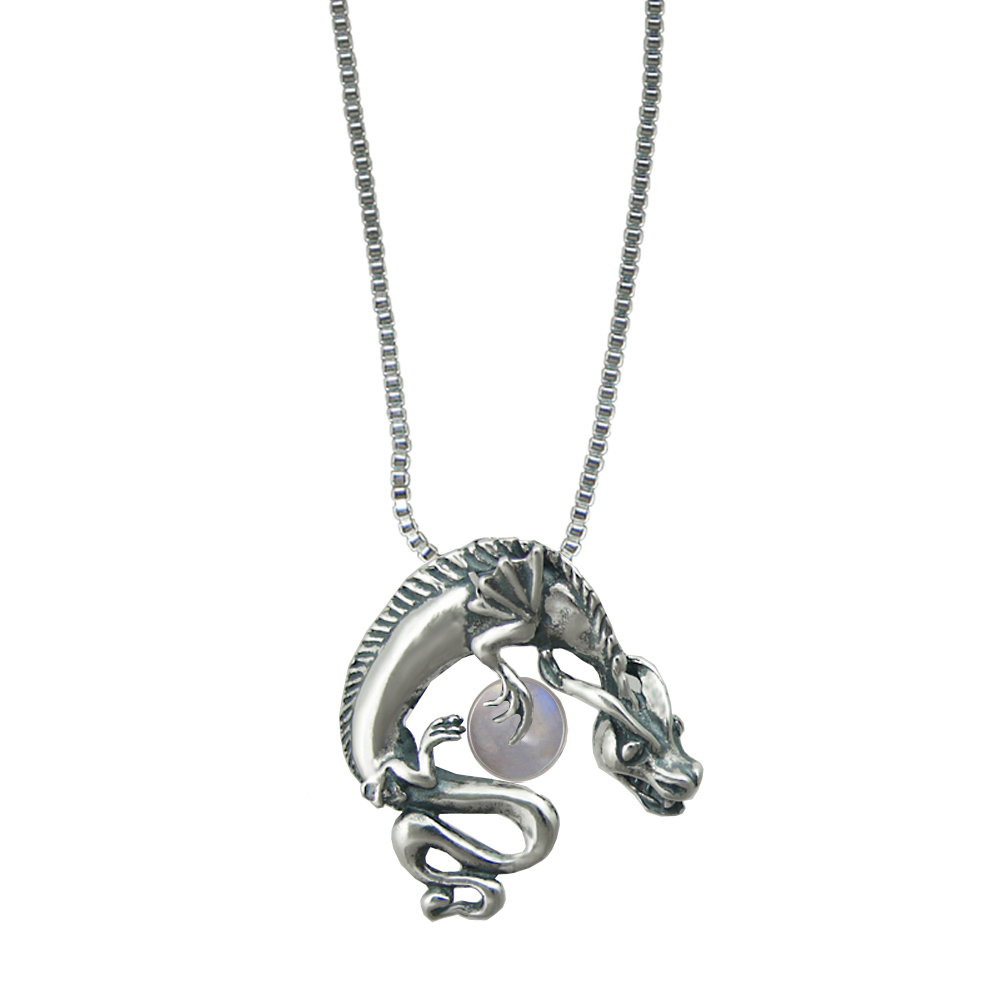 Sterling Silver Playful Dragon Pendant With Rainbow Moonstone